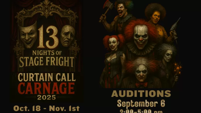 black background with creepy clowns on the right and 13 nights of stage fright on the left with the drama faces