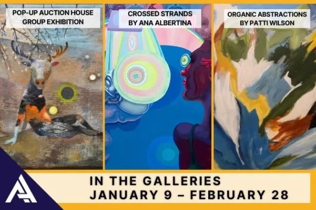 yellow background with three paintings and the titles of the shows and dates
